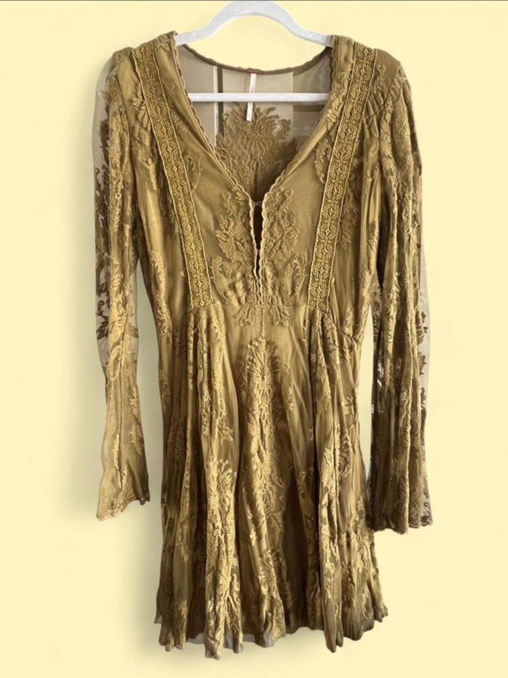 Free People Olive Green Embroidered V-Neck Mini Dress